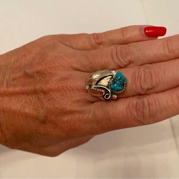 R CHEE VINTAGE NAVAJO STERLING SILVER RING RED BRANCH CORAL TURQUOISE SIZE 7 USA - Picture 3 of 13